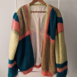 Fully Lined Mohair-style Zipped Colorblock Cardigan Sweater (Size L)